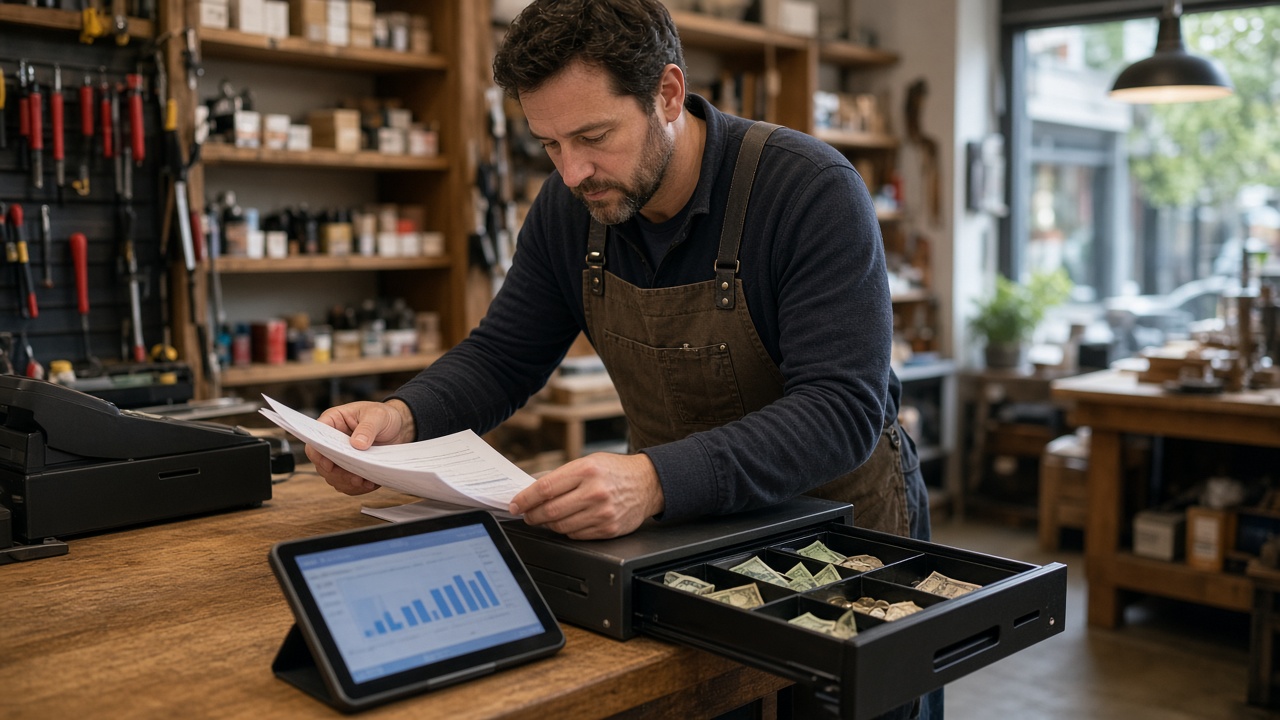 Shop owner checking invoices and the cash drawer to compare cash flow and profit