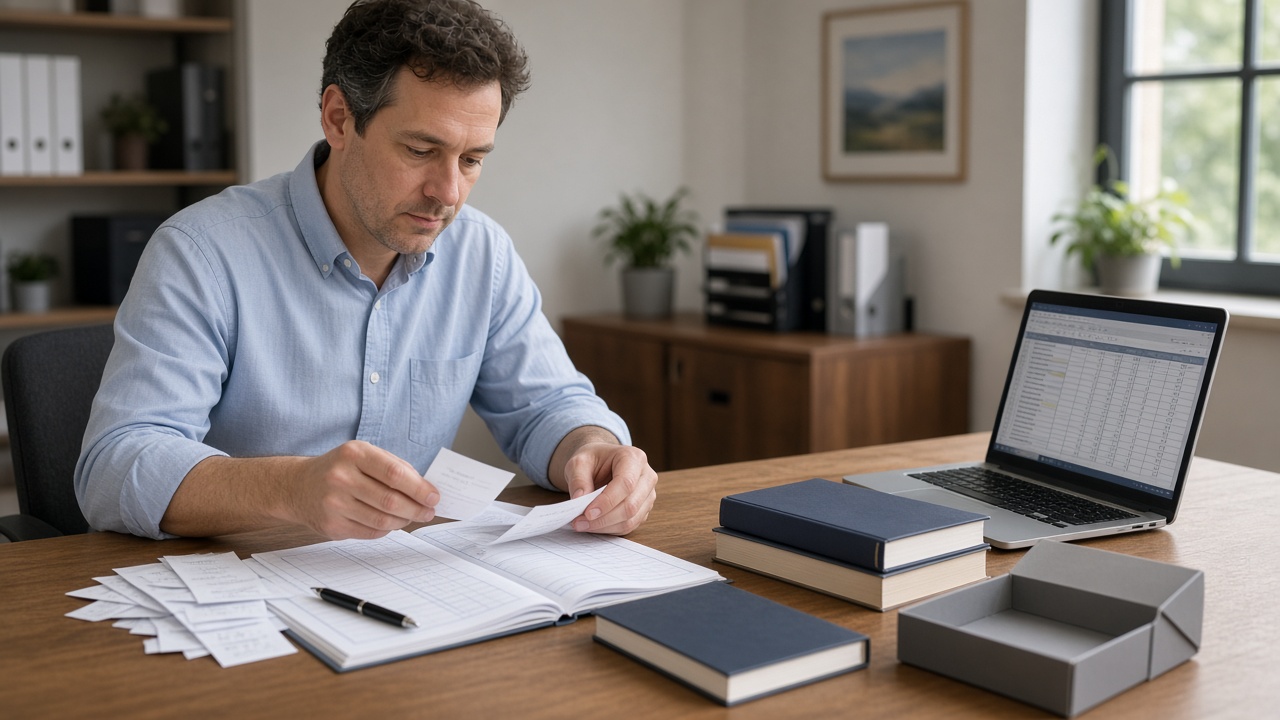 Bookkeeper sorting receipts and ledgers at a desk with a laptop spreadsheet