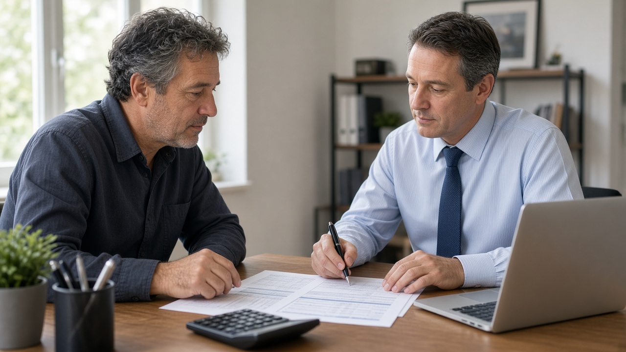 Small business owner and accountant reviewing printed financial statements to decide between a CPA and a bookkeeper