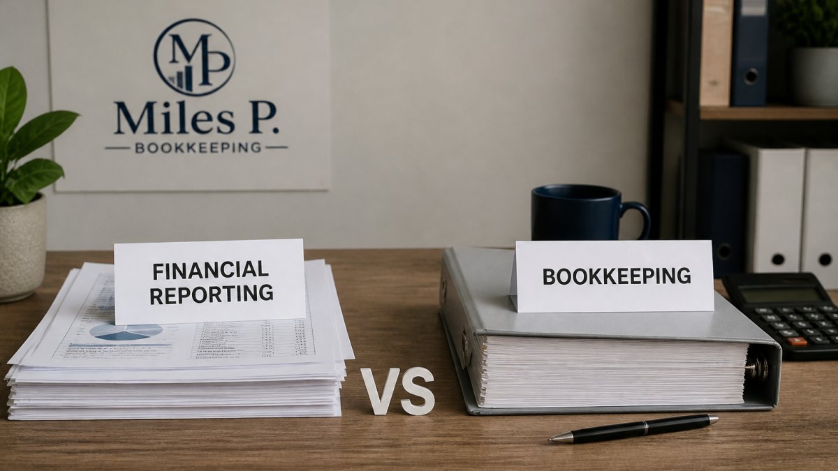 Small business owner reviewing financial reports alongside bookkeeping records