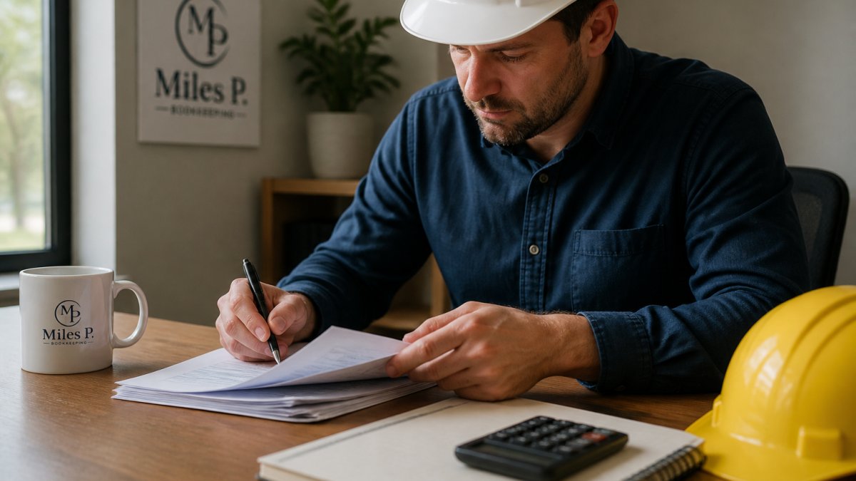 Contractor reviewing outstanding invoices to manage construction accounts receivable