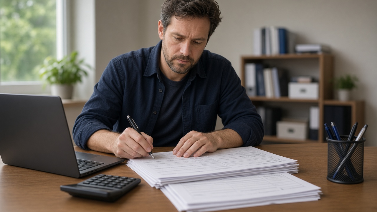 Small business owner preparing payroll paperwork at a desk with a laptop and calculator