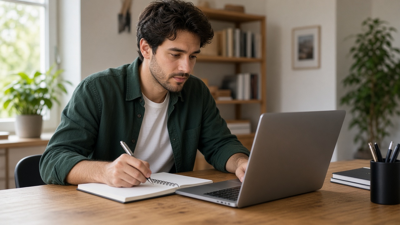 Small business owner taking notes while reading a profit and loss report on a laptop