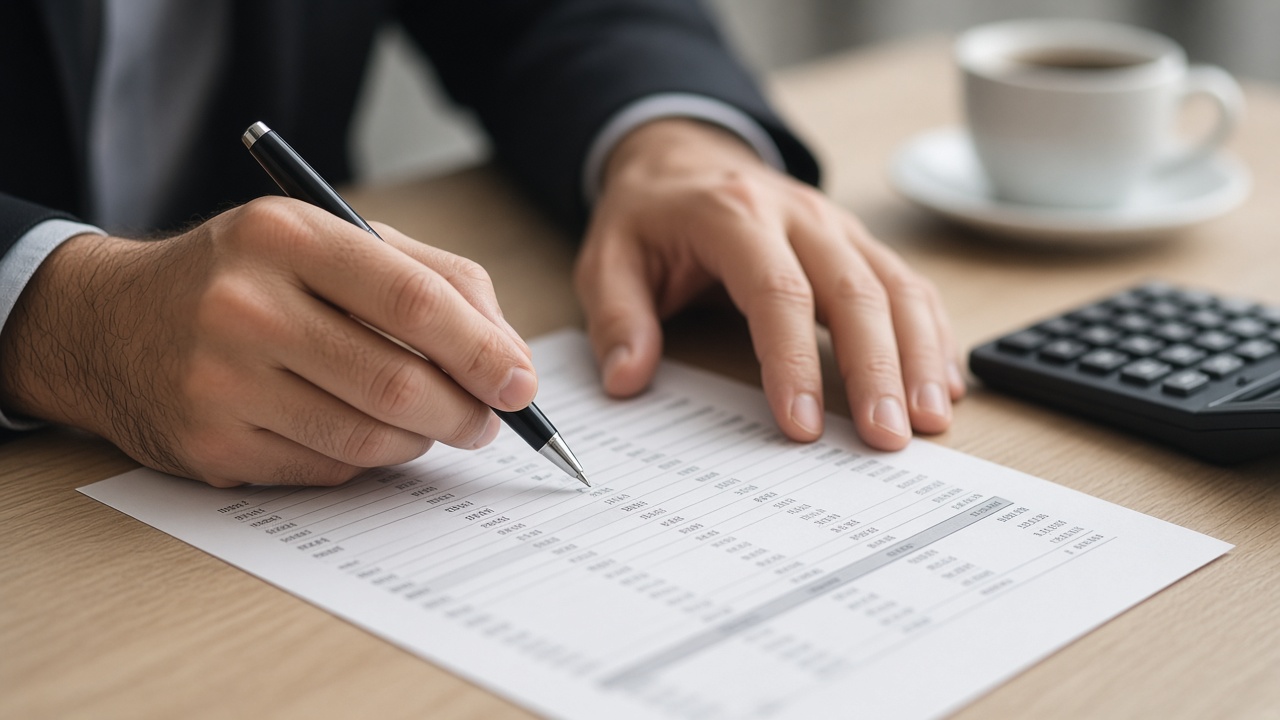 Hand with pen reviewing line items on a printed profit and loss statement beside a calculator