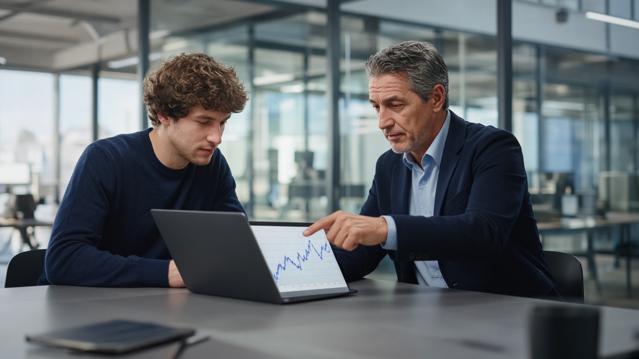 Startup founder and outsourced CFO reviewing a financial forecast on a laptop