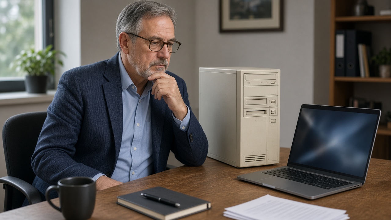 Business owner weighing an old desktop computer against a new laptop while planning a QuickBooks Desktop move