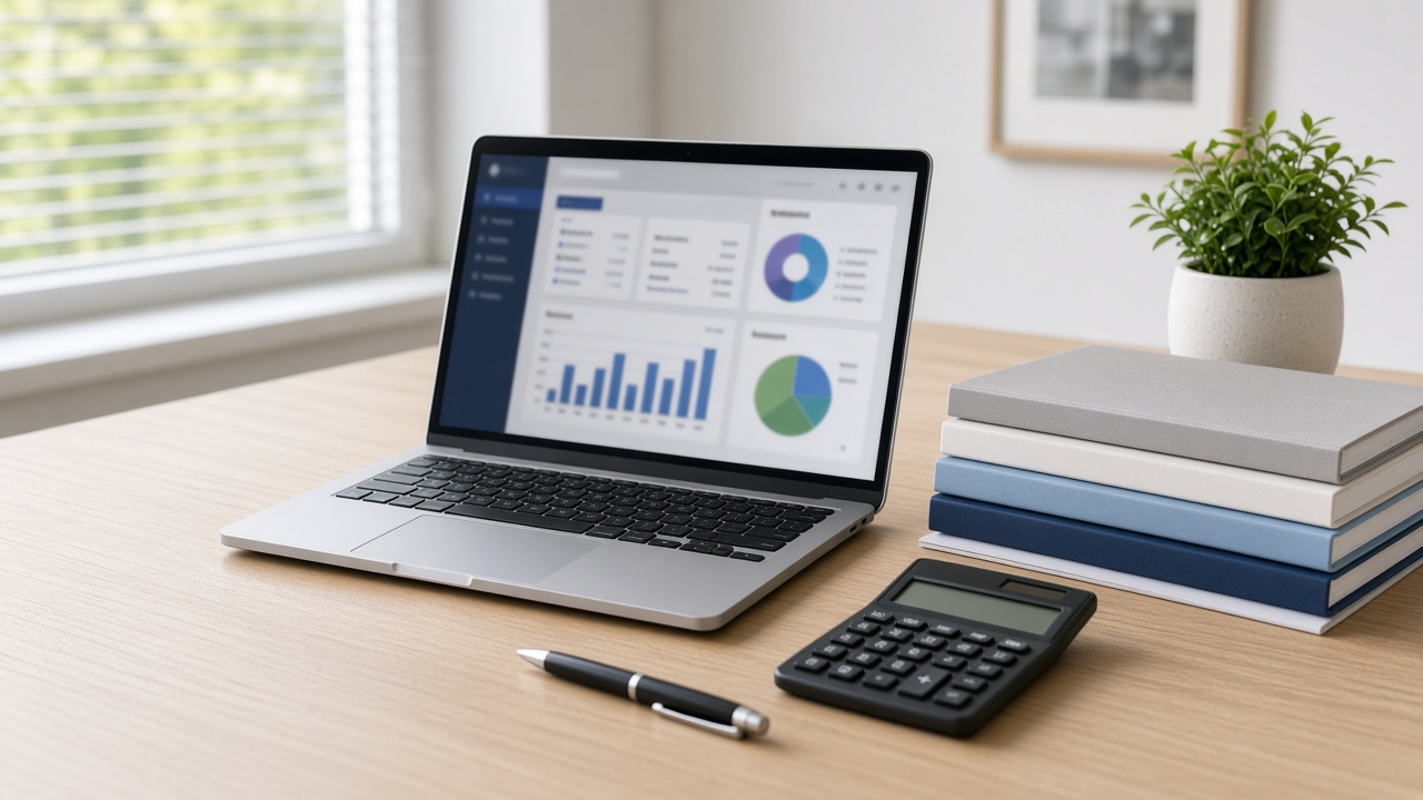 Tidy desk with an accounting dashboard on a laptop, calculator and organized binders