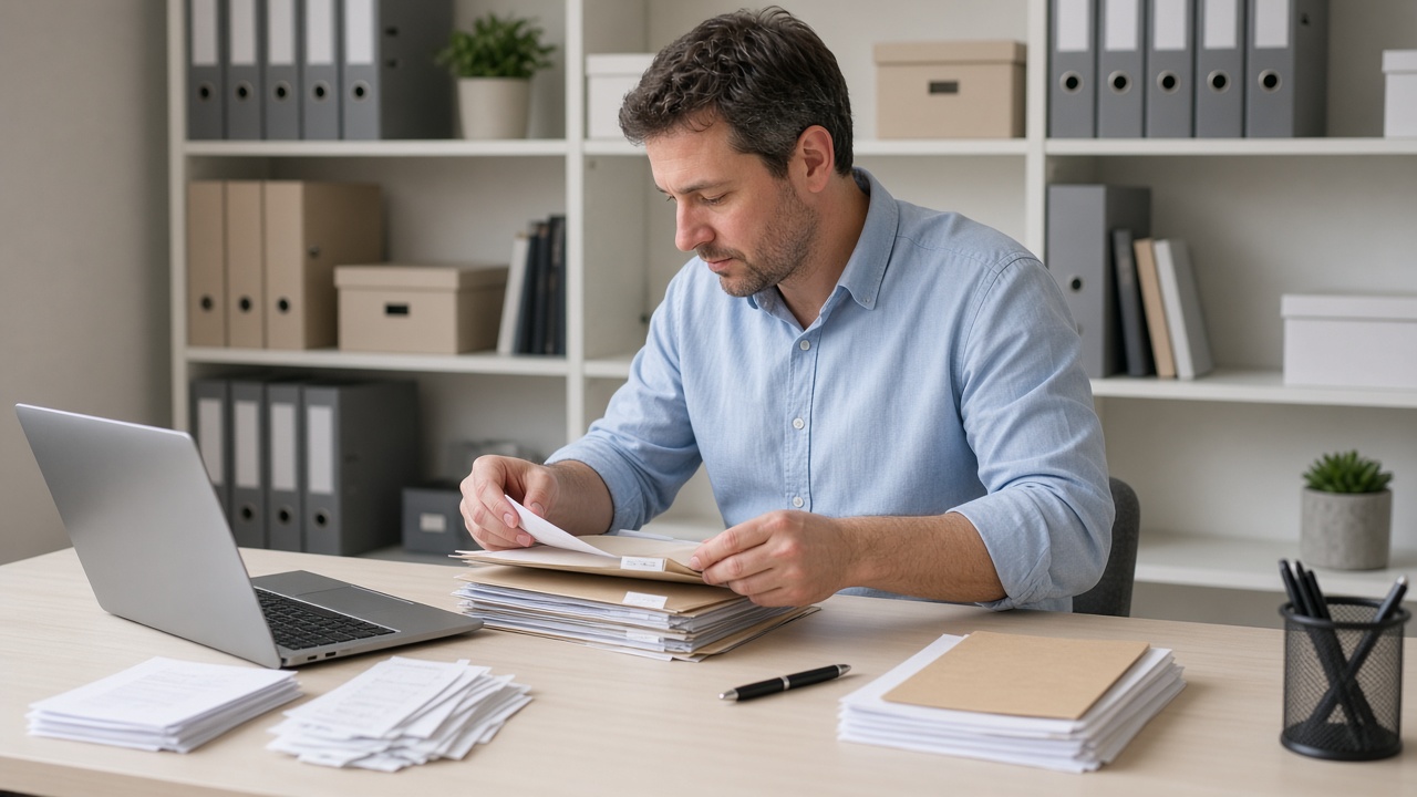 Bookkeeper sorting receipts into labeled folders to organize QuickBooks records