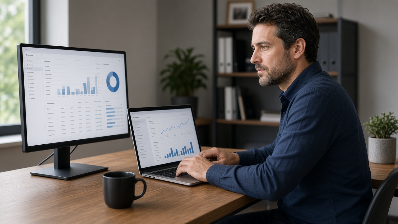 Small business owner comparing cloud and desktop accounting software on a laptop and monitor