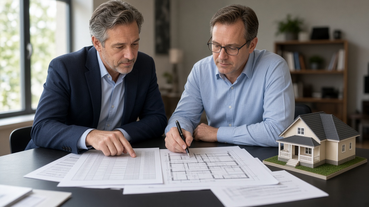 Real estate investor and accountant reviewing rental ledgers and floor plans beside a model house