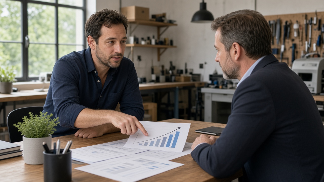 Business owner showing a growth chart in a financial report to an advisor in his workshop
